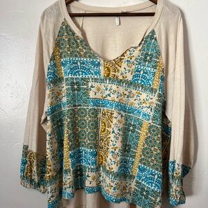 Cato Blue and Cream Boho Patchwork Blouse. Women’s size XL